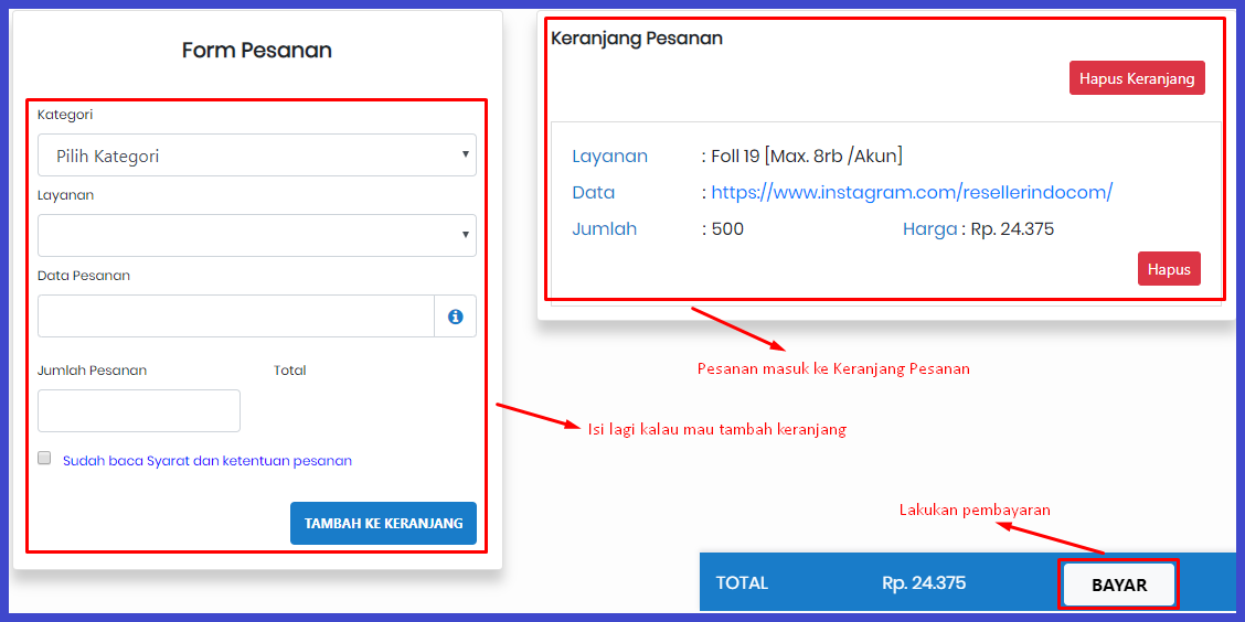 pembayaran pesanan followers Instagram