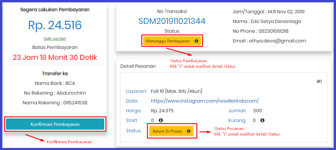 status pembayaran dan pesanan